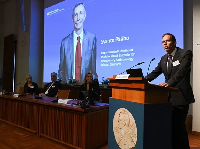 Lễ công bố người chiến thắng giải Nobel Y sinh 2022 cho nhà khoa học người Thụy Điển Svente Paabo (Ảnh: AFP).