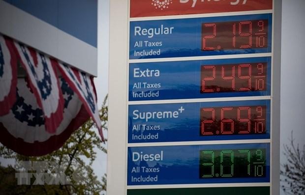Giá xăng dầu được niêm yết tại trạm xăng ở New York, Mỹ. (Ảnh: THX/TTXVN).