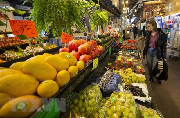 Người dân mua thực phẩm tại một khu chợ ở Toronto, Canada. (Ảnh: THX/TTXVN).