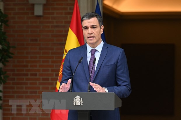 Thủ tướng Tây Ban Nha Pedro Sanchez tuyên bố tổ chức tổng tuyển cử trước thời hạn, tại Madrid ngày 29/5/2023. (Ảnh: AFP/TTXVN).