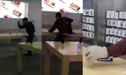 Hình ảnh người đàn ông phá hoại hàng chục iPhone được ghi lại.