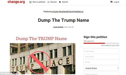 Thư kiến nghị trực tuyến có tên "Xóa tên Trump" của cư dân tòa nhà. Ảnh: Change.org
