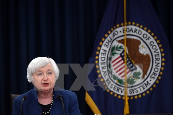 Chủ tịch Fed Janet Yellen trong cuộc họp báo thông báo quyết định tăng lãi suất cơ bản, tại Washington D.C., ngày 15/3. (Nguồn: THX/TTXVN)