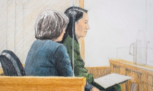 Tranh phác họa Mạnh Vãn Chu (bên phải) và người phiên dịch tại tòa hôm 7/12. Ảnh:AFP.