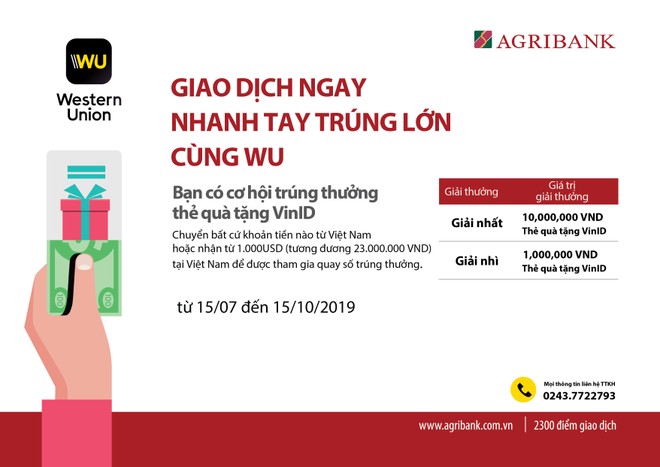 Agribank triển khai chương trình “Giao dịch ngay – Nhanh tay trúng lớn cùng WU” 