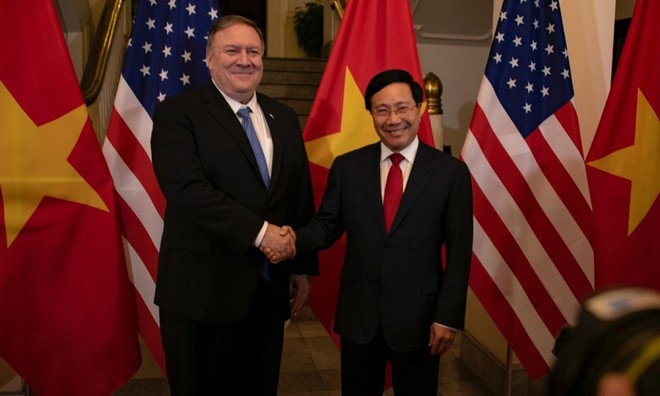 Phó Thủ tướng, Bộ trưởng Bộ Ngoại giao Phạm Bình Minh và Ngoại trưởng Mỹ Michael R. Pompeo tại cuộc gặp ở Hà Nội vào ngày 26/2/2019. Ảnh: Bộ Ngoại giao Mỹ