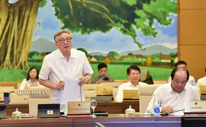 Chánh án Toà án nhân dân Tối cao Nguyễn Hoà Bình báo cáo tại phiên họp.