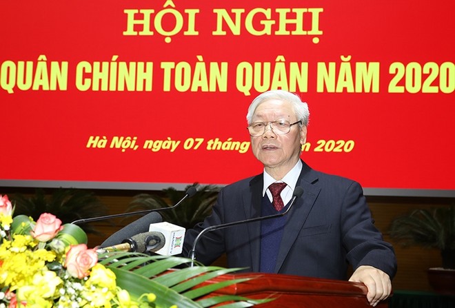 Tổng Bí thư, Chủ tịch nước Nguyễn Phú Trọng phát biểu tại Hội nghị Quân chính toàn quân năm 2020 -( Ảnh Bộ Quốc phòng)