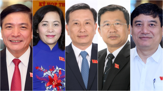 Từ trái qua: ông Bùi Văn Cường, bà Nguyễn Thị Thanh, ông Lê Quang Huy, ông Vũ Hải Hà, ông Nguyễn Đắc Vinh. 