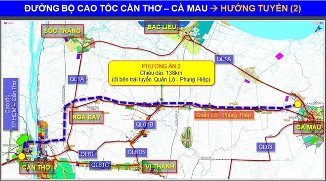Phương án tuyến cao tốc Cần Thơ - Cà Mau. (Ảnh: Bộ GTVT).