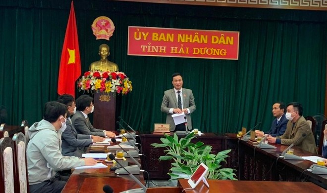 Ông Triệu Thế Hùng, Chủ tịch UBND tỉnh Hải Dương phát biểu tại buổi làm việc. Ảnh: haiduong.gov.vn