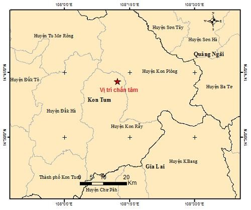 Tọa độ vị trí động đất tại huyện Kon Rẫy, tỉnh Kon Tum. Sơ đồ: Viện Vật lý địa cầu.