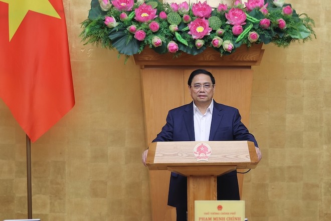 Thủ tướng Phạm Minh Chính phát biểu khai mạc Hội nghị trực tuyến toàn quốc Chính phủ với địa phương. (Ảnh: Nhật Bắc)