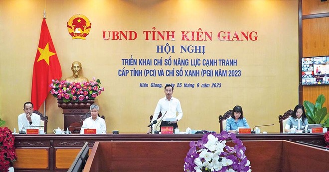 Phó chủ tịch UBND tỉnh Kiên Giang Nguyễn Thanh Nhàn phát biểu chỉ đạo tại Hội nghị triển khai Chỉ số PCI và Chỉ số PGI năm 2023 của tỉnh ảnh: khánh thùy 