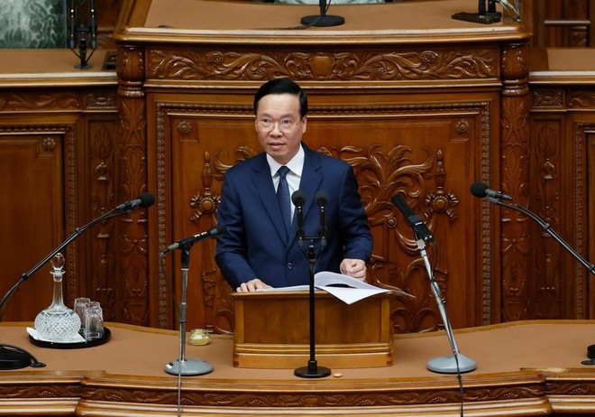 Chủ tịch nước Võ Văn Thưởng phát biểu trước Quốc hội Nhật Bản. (Ảnh: Thống Nhất/TTXVN) 