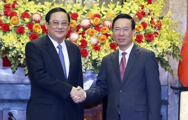 Chủ tịch nước Võ Văn Thưởng tiếp Thủ tướng Chính phủ Lào Sonexay Siphandone đang ở thăm chính thức Việt Nam. (Ảnh: TTXVN)