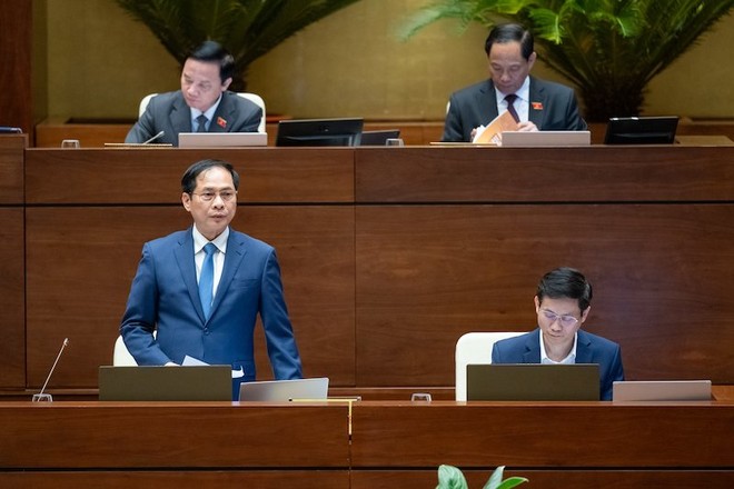 Bộ trưởng Bộ Ngoại giao Bùi Thanh Sơn trà lời chất vấn.