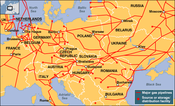 Bản đồ đường ống (đường màu đỏ) và các bể dự trữ khí (chấm đỏ) ở châu Âu