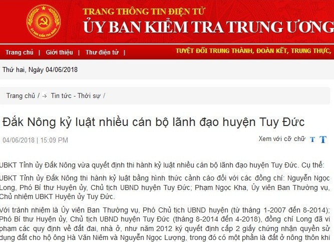 Cảnh cáo Chủ tịch UBND huyện và Chủ nhiệm Ủy ban Kiểm tra huyện Tuy Đức, Đắk Nông