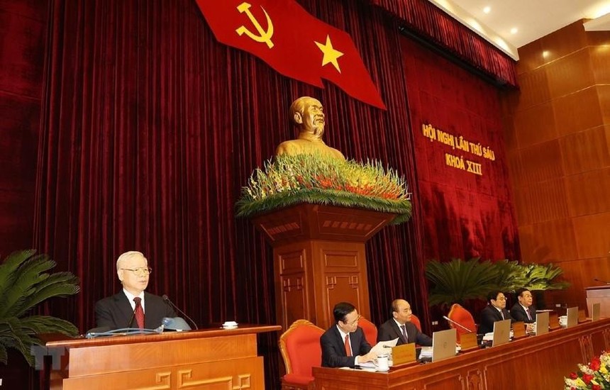 Tổng Bí thư Nguyễn Phú Trọng chủ trì, phát biểu khai mạc Hội nghị lần thứ sáu Ban Chấp hành Trung ương Đảng khóa XIII (Ảnh: TTXVN)