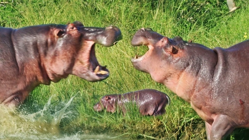 Hippos fight "a landslide" in the battle to survive and protect their children