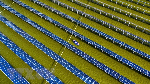 Công nhân điện kiểm tra các tấm năng lượng mặt trời tại nhà máy điện mặt trời ở Hải An, tỉnh Giang Tô, Trung Quốc. (Ảnh: AFP/TTXVN).