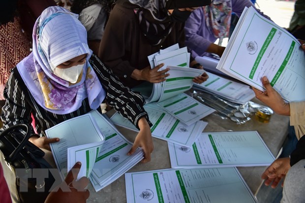 Các tình nguyện viên kiểm tra phiếu bầu trước cuộc tổng tuyển cử, tại Bangkok, Thái Lan, ngày 13/5/2023. (Ảnh: AFP/TTXVN)
