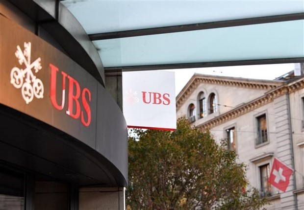 Biểu tượng ngân hàng UBS tại Geneva (Thụy Sĩ), ngày 20/3/2023. (Ảnh: THX/TTXVN)