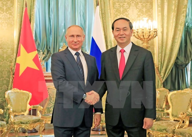 Chủ tịch nước Trần Đại Quang hội đàm với Tổng thống Liên bang Nga V. Putin. (Ảnh: Nhan Sáng/TTXVN)