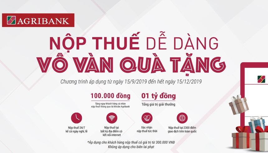 Tặng ngay 100.000 đồng cho 10.000 khách hàng thực hiện nộp thuế qua Agribank