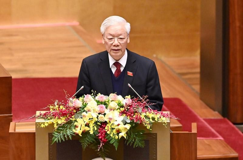Tổng Bí thư, Chủ tịch nước Nguyễn Phú Trọng trình bày báo cáo trước Quốc hội - (Ảnh Duy Linh).