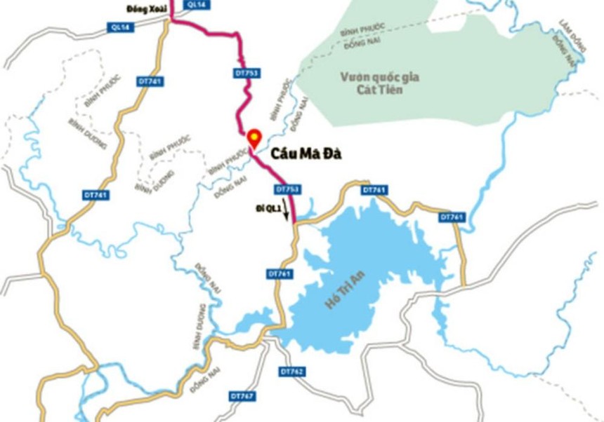 Hướng tuyến kết nối Bình Phước và Đồng Nai do UBND tỉnh Bình Phước đề xuất qua cầu Mã Đà.
