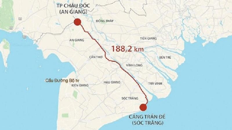 Sơ đồ hướng tuyến cao tốc Châu Đốc - Cần Thơ - Sóc Trăng