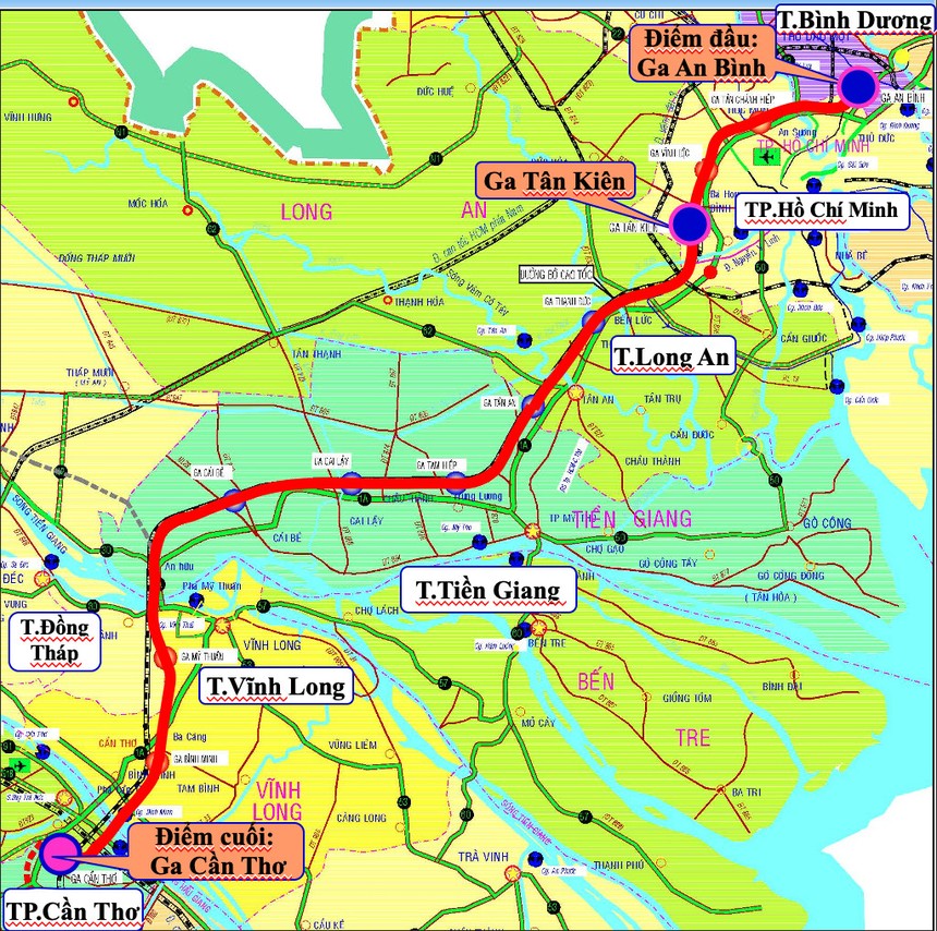 Hướng tuyến dự án đường sắt TP.HCM - Cần Thơ