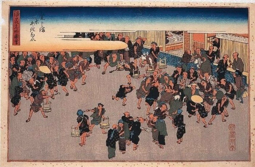 Tranh vẽ minh họa thị trường giao dịch phái sinh nông phẩm tại Dojima, hiện đang trưng bày tại phòng truyền thống Sở giao dịch Osaka, Nhật Bản.