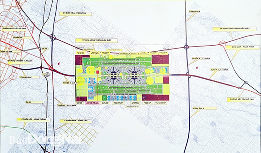 Mặt bằng quy hoạch tổng thể sân bay Long Thành và 2 tuyến đường giao thông kết nối. 
