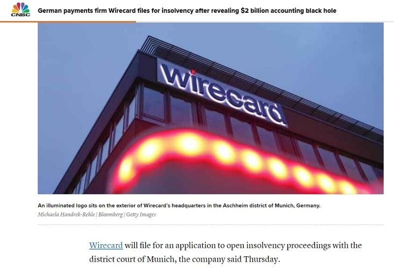Hãng tin CNBC đưa tin Wirecard phá sản, với ảnh chụp trụ sở Wirecard tại Đức.