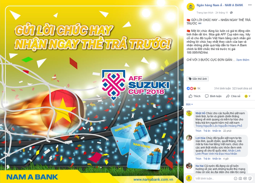Nam A Bank tặng quà cho khách hàng khi gửi lời chúc đến đội tuyển Việt Nam 