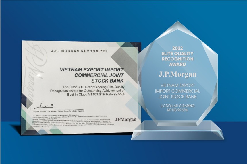 Eximbank nhận giải thưởng Chất lượng thanh toán quốc tế xuất sắc từ Ngân hàng JP Morgan với tỉ lệ điện thanh toán quốc tế xuyên suốt năm 2022 là 99.55%.