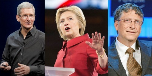 Tim Cook (trái) và Bill Gates (phải) có thể làm Phó Tổng thống nếu bà Hillary Clinton (giữa) lên lãnh đạo nước Mỹ.