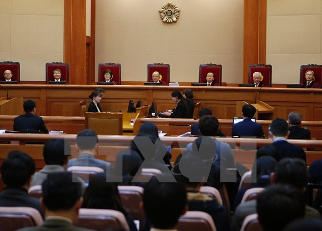 Tòa án Hiến pháp Hàn Quốc mở phiên điều trần đầu tiên về việc luận tội Tổng thống, ngày 3/1. (Nguồn: AFP/TTXVN)