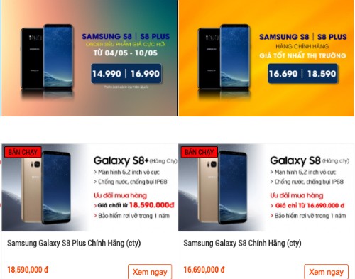Giá Galaxy S8 và S8+ chính hãng mỗi nơi một khác nhưng rẻ hơn mức niêm yết của Samsung tới cả triệu đồng.