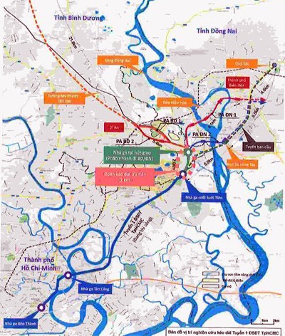 Bản đồ vị trí nghiên cứu kéo dài tuyến metro Bến Thành - Suối Tiên. Ảnh: BQL Đường sắt đô thị TP HCM.