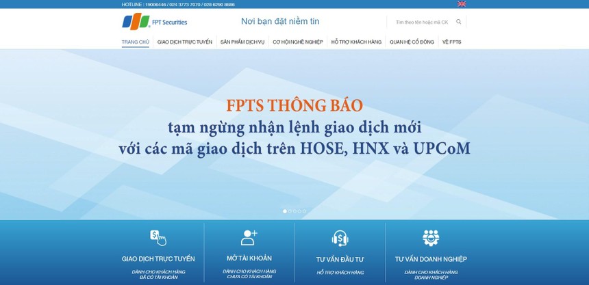 Bị lỗi kết nối, Chứng khoán FPT (FPTS) tạm ngừng nhận lệnh giao dịch mới 