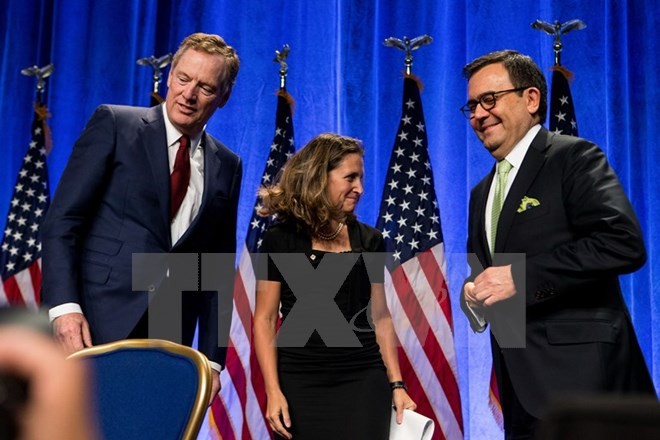Đại diện Mỹ, Canada và Mexico tại vòng thứ nhất tái đàm phán NAFTA ở Washington D.C., (Mỹ) ngày 16/8/2017. (Nguồn: THX/TTXVN)
