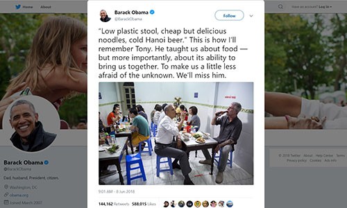 Cựu tổng thống Obama tiếc thương đầu bếp Mỹ Anthony Bourdain trên Twitter ngày 8/6. Ảnh chụp màn hình.