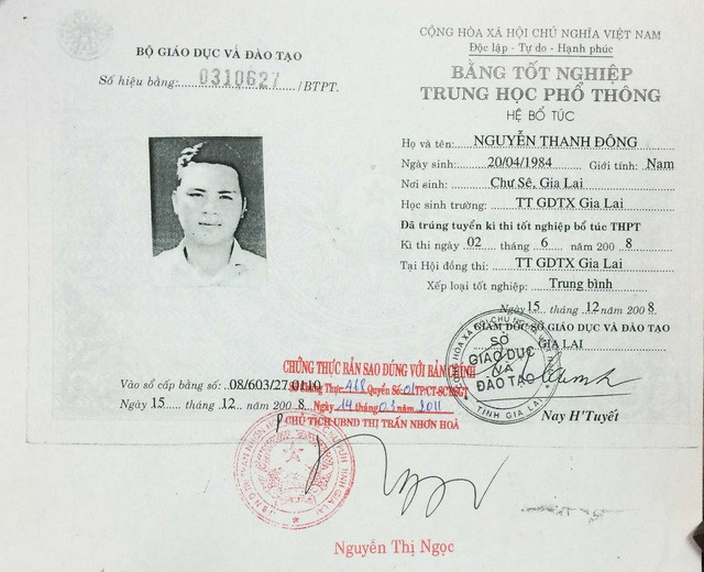 Bằng tốt nghiệp THPT giả của ông Nguyễn Thanh Đông.