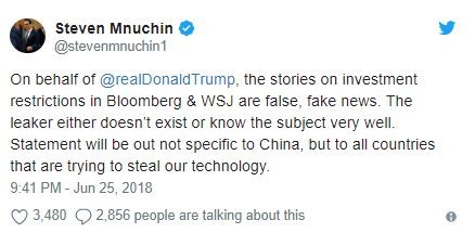 "Tuyên bố sẽ không được cụ thể cho Trung Quốc, nhưng đối với tất cả các nước đang cố gắng ăn cắp công nghệ của chúng tôi", ông Mnuchin viết.