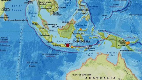 Động đất xảy ra ngoài khơi đảo Java và Bali của Indonesia sáng 11/10. Ảnh: USGS.