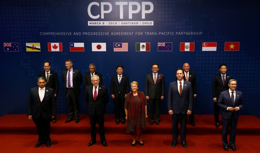Đại diện các nước thành viên CPTPP tại lễ ký kết hiệp định ngày 8/3/2018 tại Santiago, Chile. Ảnh: Reuters.